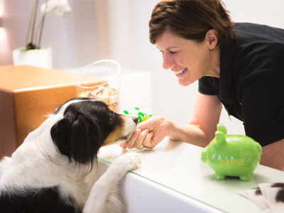 Elisabeth Zahner mit Hund am Empfang / Kontakt zu Dr. Zahner